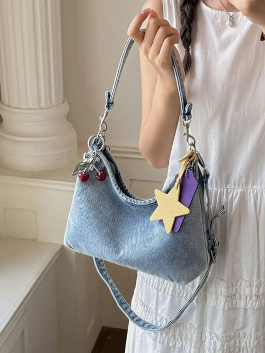 Medium with Star Charm Denim Shoulder Bag in Medium