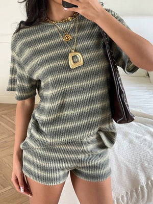 light gray lounge set featuring ribbed and striped
