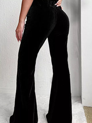 flare pants featuring ribbed in Black with 100% polyester Care instructions: Machine wash cold texture