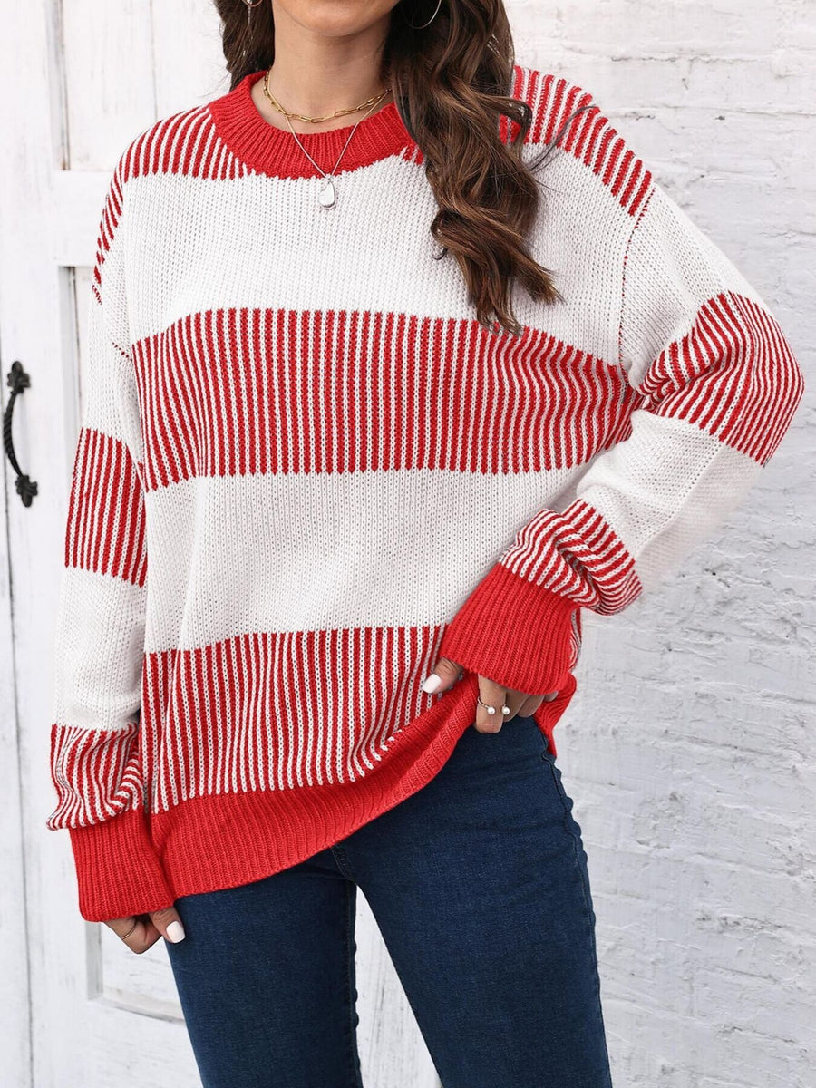 red pullover sweater with striped and crew neck
