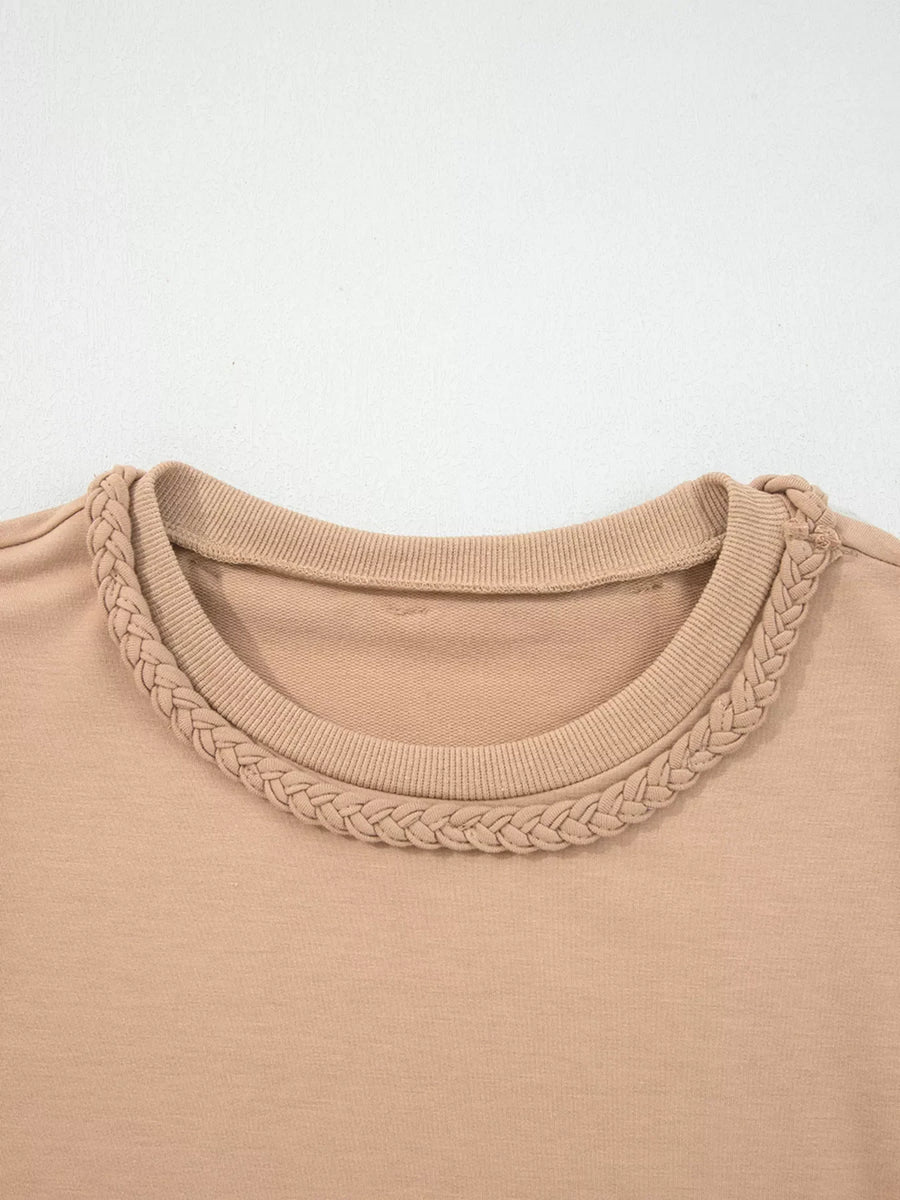 Khaki braided puff sleeve dress with braided neckline detail