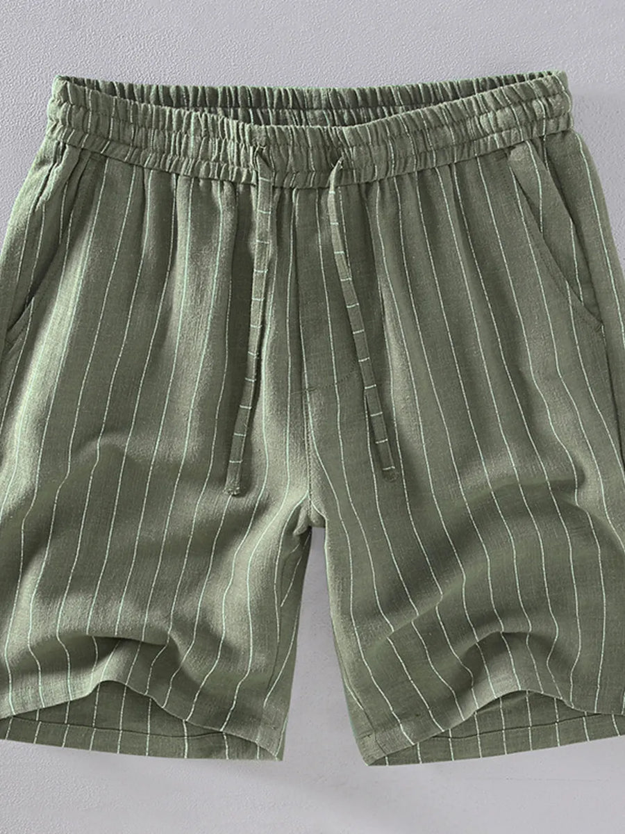 Men's Army Green striped drawstring chino shorts with pockets.