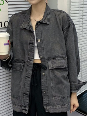 Oversized Wash Denim Jacket With Utility Pockets in Blue with washed