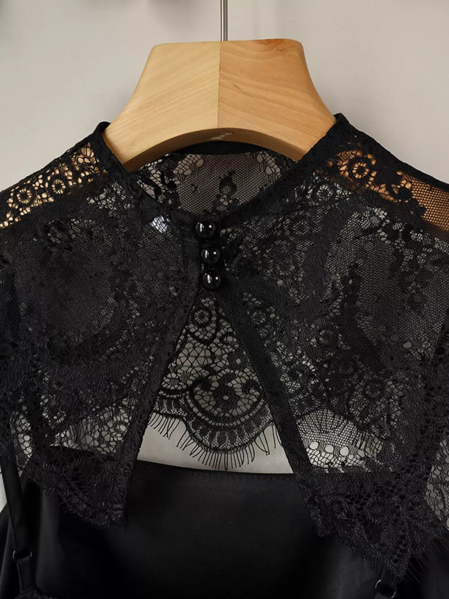 Satin Mini Dress With Lace Detachable Cape in black