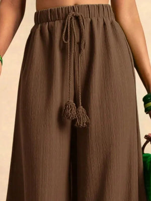 Mustard wide-leg pants with full-length and drawstring