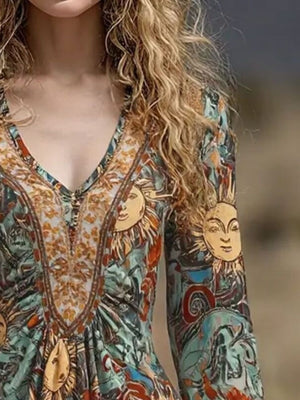 bohemian fit-and-flare dress in Black with v-neck