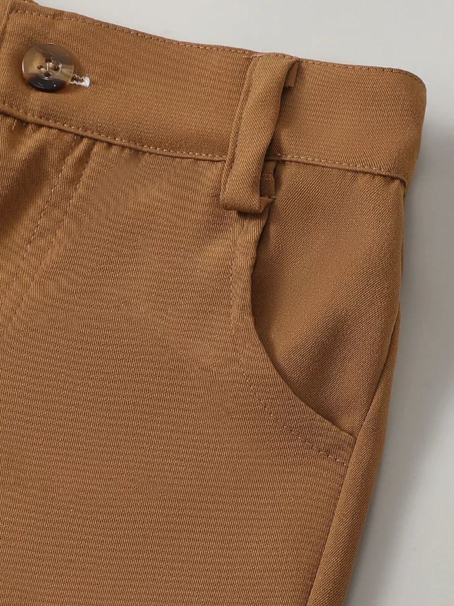 Brown baby pants with button closure and pocket detail.