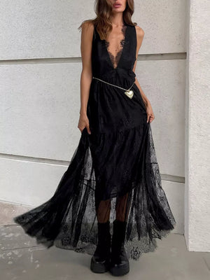 black maxi dress with floral and deep v-neck