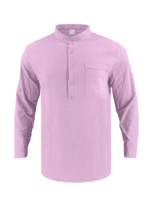 Pink cotton band collar button-down shirt with chest pocket