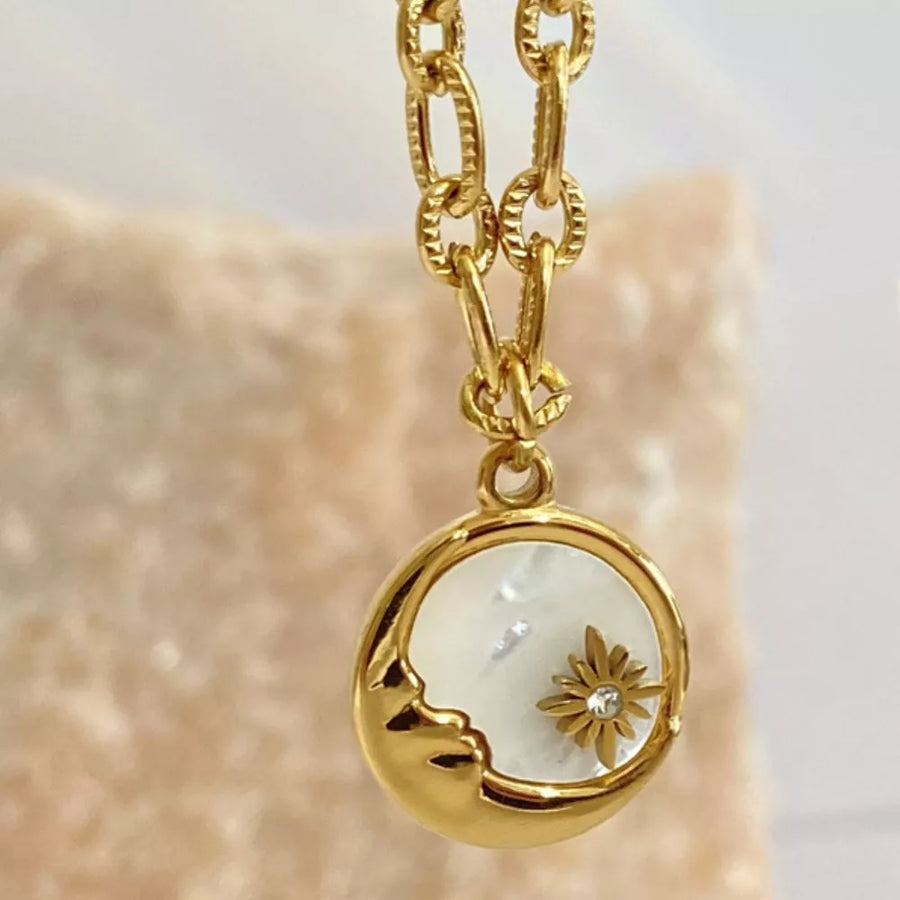 necklace featuring celestial in Sun with 18K Gold-Plated, Titanium Steel, Pearl Shell Care instructions: Avoid wearing du