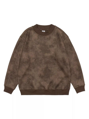 Oversized round-neck sweatshirt in coffee corduroy with a tie-dye effect.