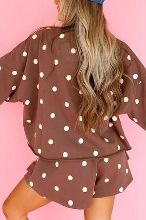 Caramel two-piece set with top: hip-length, bottom: mini and pullover, elastic