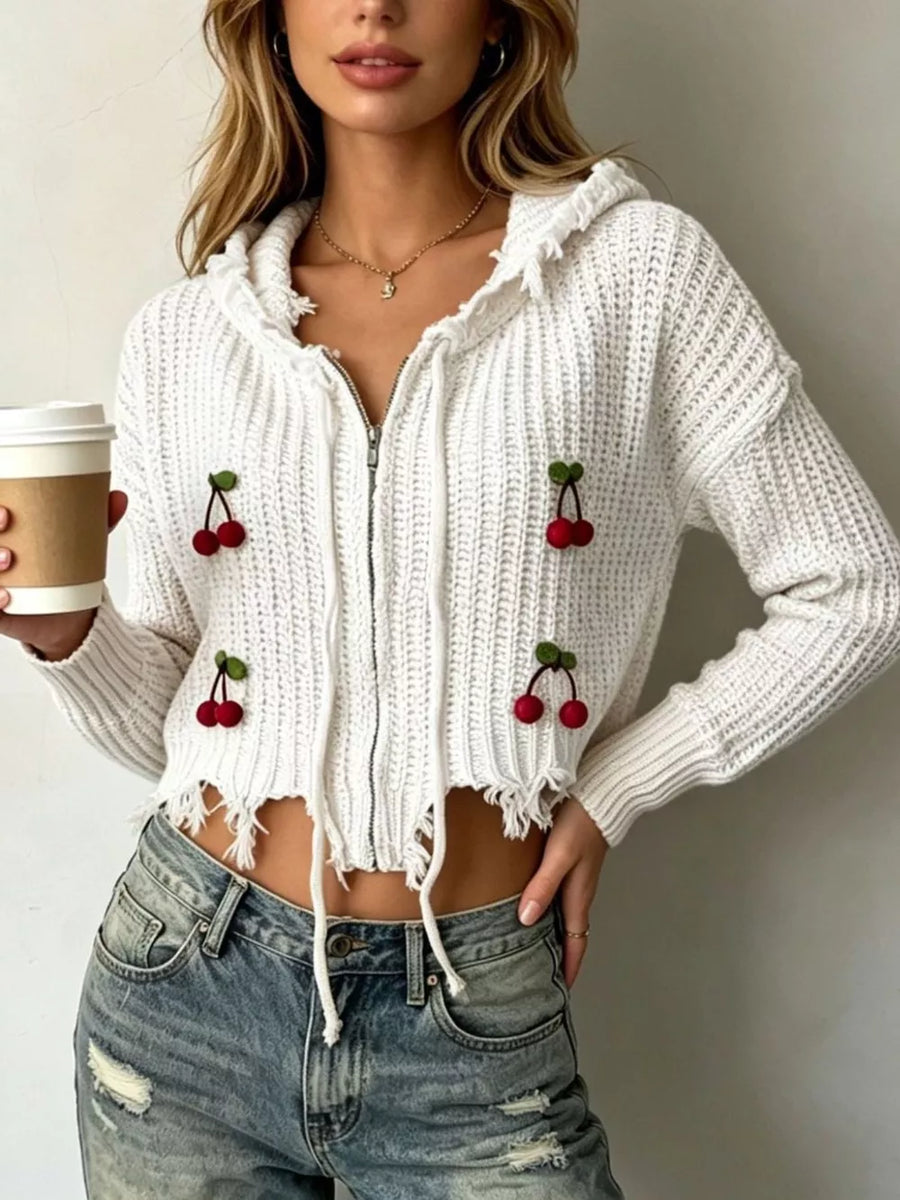 Cherry Knit Zip-up Hooded Sweater in Dark Blue