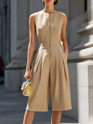 Khaki flared jumpsuit with round neck