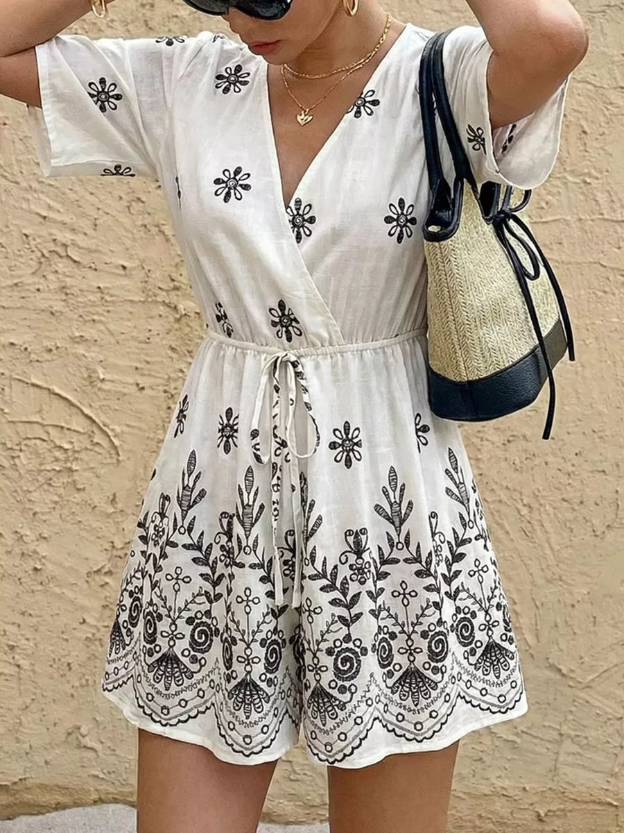 White with Printed Surplice Half Sleeve Romper in White