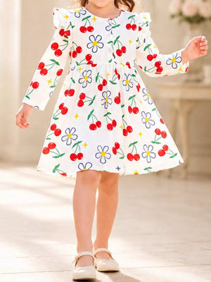 white A-line dress with floral and round neck