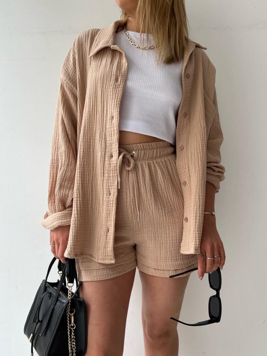 Textured gauze shirt and shorts set in Camel, button-up shirt, drawstring shorts, casual boho style