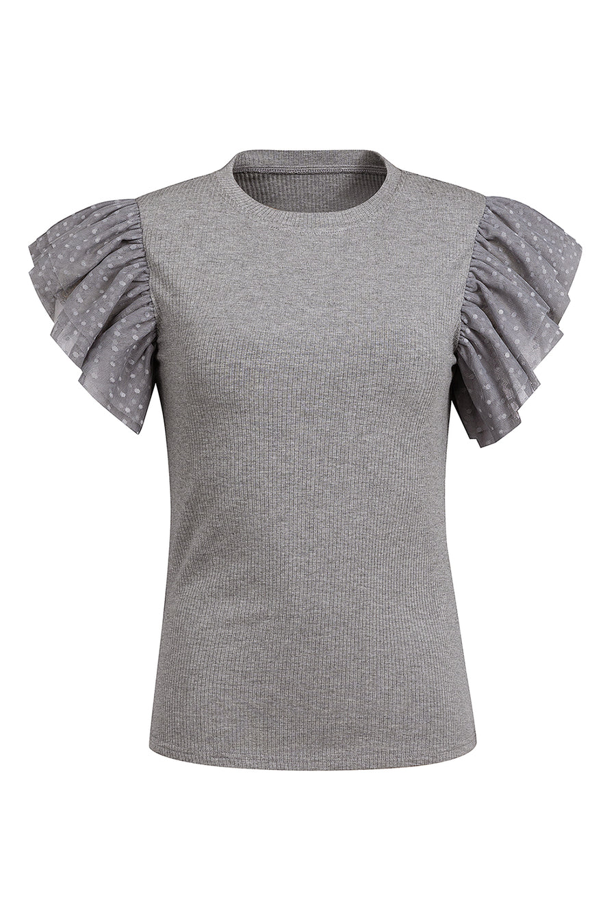 Textured puff sleeve ribbed top in dark gray with polka dot sheer sleeves