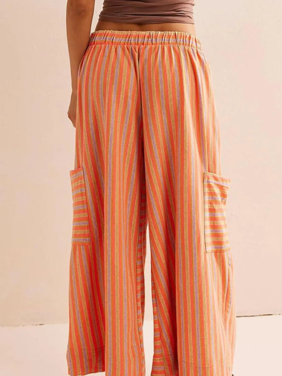 Coastal Stripe Cargo Culottes in Tangerine with side cargo pockets and elastic waist.