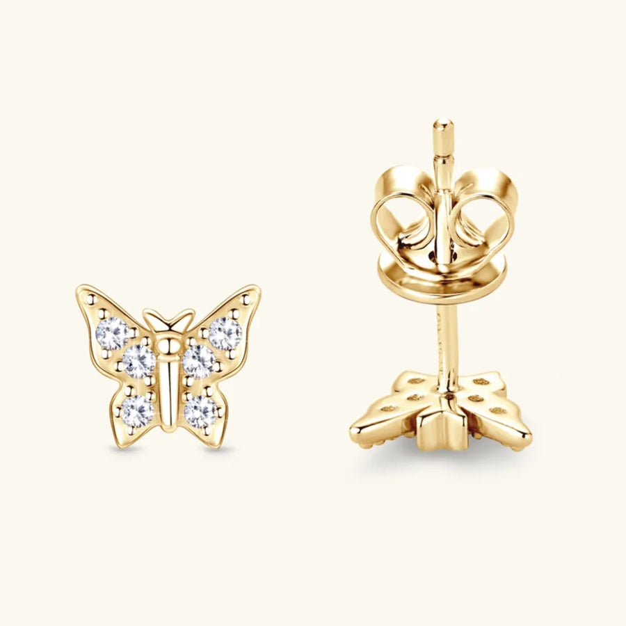 Gold butterfly stud earrings with moissanite stones
