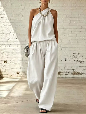 two-piece set in light gray featuring pocketed and relaxed fit