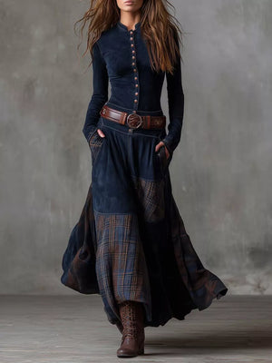 navy blue maxi dress with plaid and mandarin collar