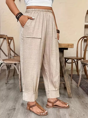 Burgundy wide-leg pants with ankle-length and elastic