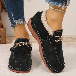 Round Toe Chain Detail Winter Slip-Ons in brown with round toe