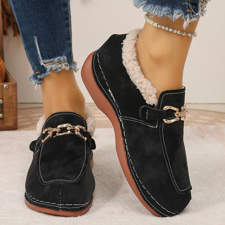 Round Toe Chain Detail Winter Slip-Ons in brown with round toe