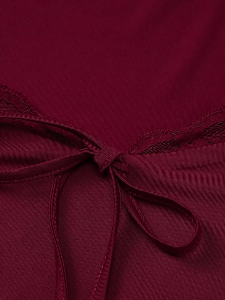 Wine red t-shirt with lace trim and tie-front detail