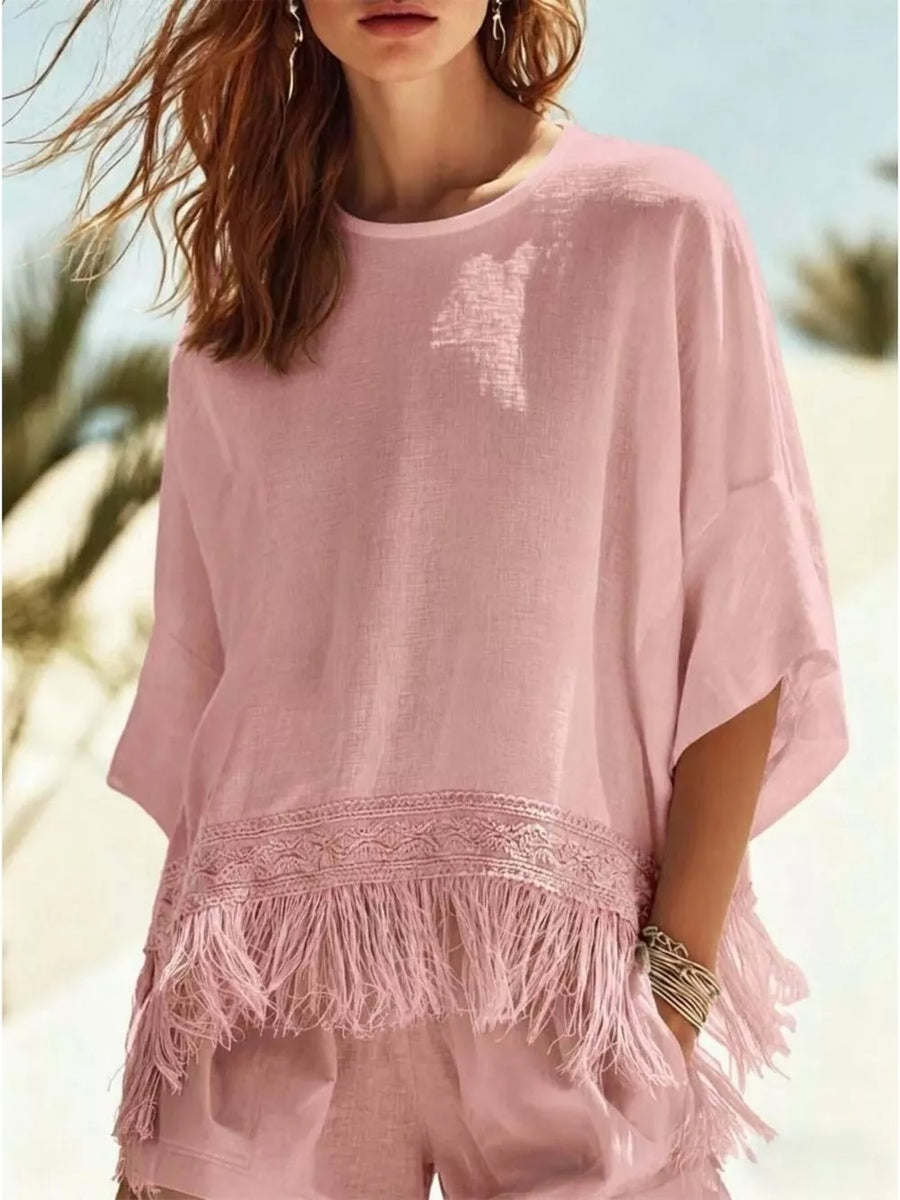navy blue blouse with fringe and elbow sleeve
