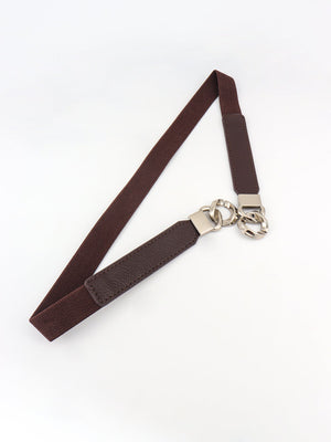 Chocolate faux leather waist belt with silver chain detail and elastic strap