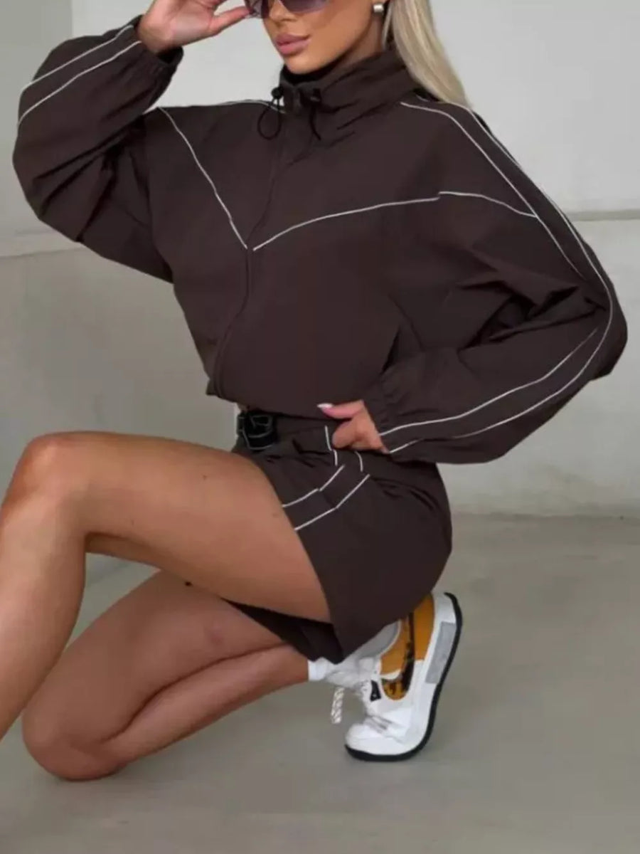 athleisure track jacket in dark brown with mock neck