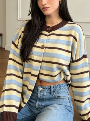 Yellow cardigan with hip-length and button-front