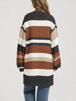 brown cardigan featuring ribbed and color-block