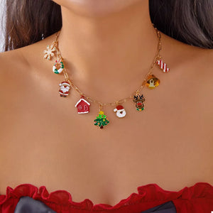 18k Gold-plated Resin Christmas Necklace in red with Christmas themed charms
