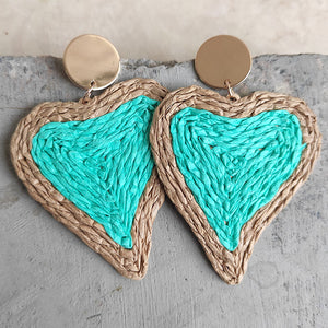 Gold disc earrings with woven heart drops in tan and turquoise