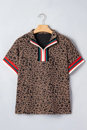 Brown leopard jacquard half-zip shirt with striped collar and sleeve trim.