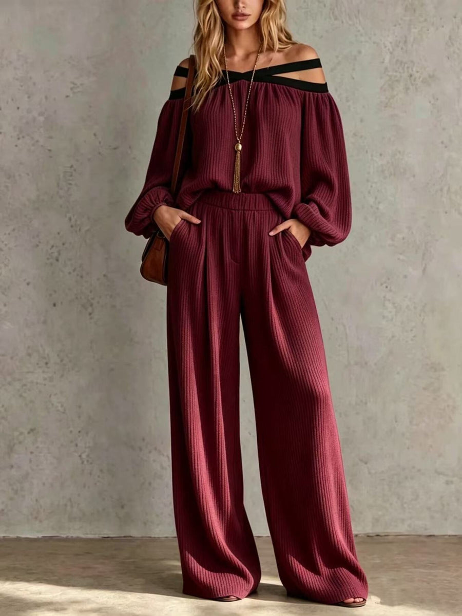 two-piece set in Dusty Blue with pocketed and waist-length, full-length