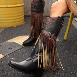 Blue boots with below-knee and side-zip