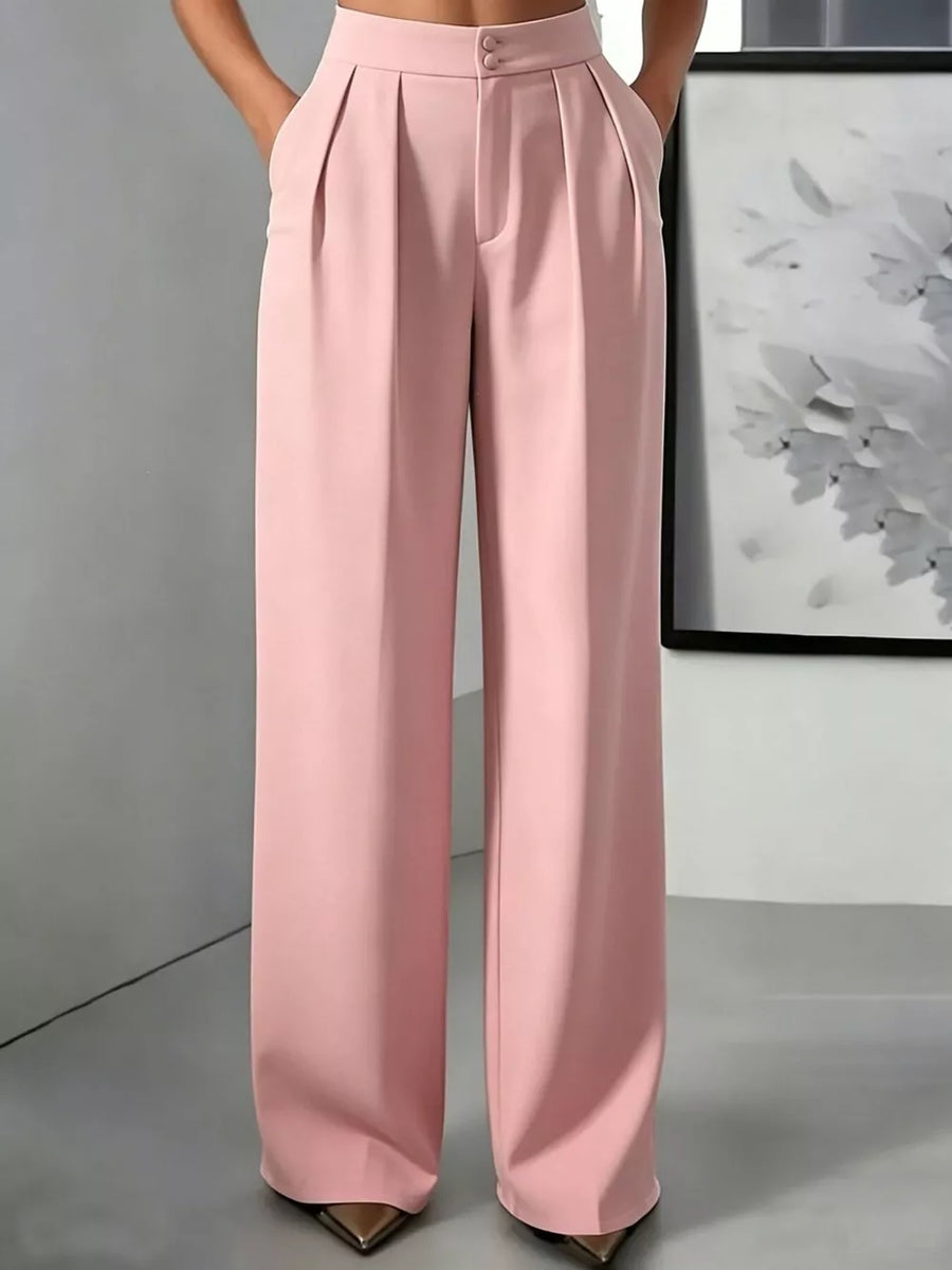 Red wide-leg pants with full-length and button