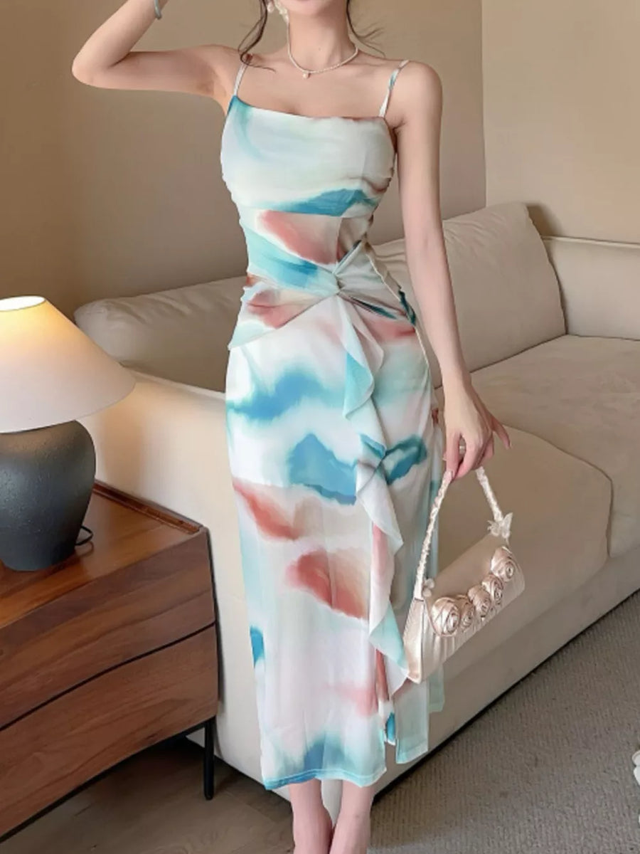 Rose Red Abstract Watercolor Ruched Midi Dress