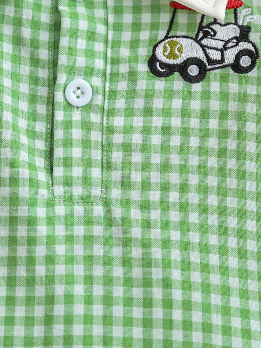 Gingham polo dress in Gum Leaf green cotton with a golf cart embroidery and white button detail.