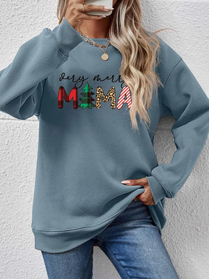 French Blue long sleeve sweater with abstract graphic print and crew neck.