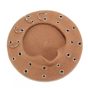 Metal Ring Embellished Beret Hat in Wine Red with metal rings