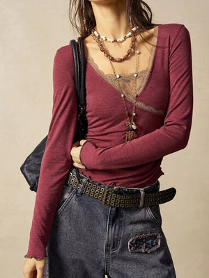 Lace Detail Long Sleeve T-shirt in black with lace trim