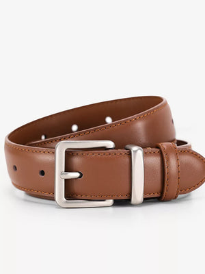 Brown leather belt with a silver buckle and stitched edges.