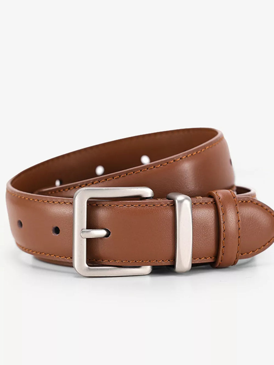 Brown leather belt with a silver buckle and stitched edges.