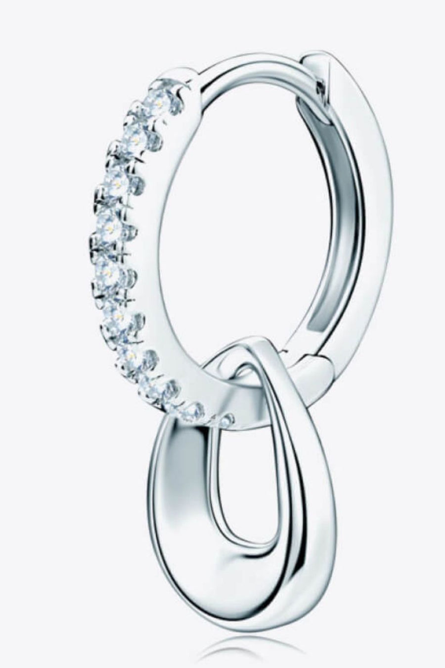 Sterling silver hoop earrings with pavé crystals and a teardrop charm.