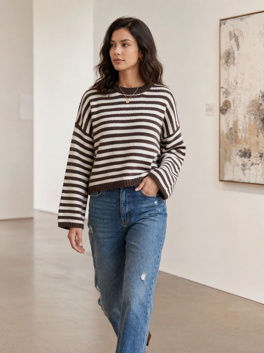 crewneck sweater featuring striped in Dark Brown with 100% polyester Care instructions: Machine wash cold texture